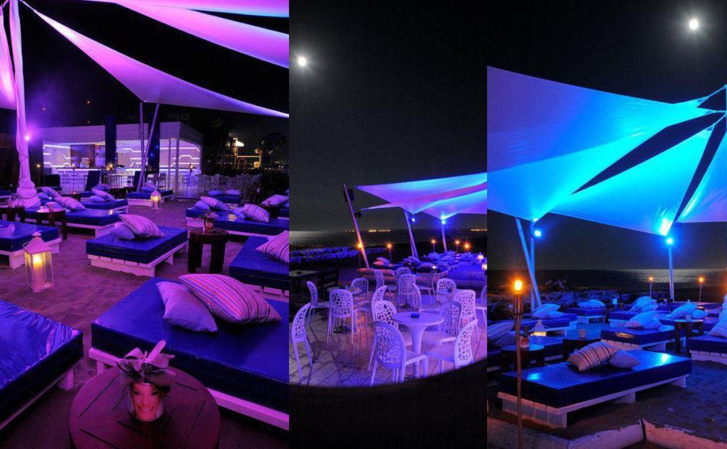 Ночной вид бара Captain`s Cabin Beach Bar, Ресторан Golden Beach, Пляж Лейдиз Майлз Бич, Кипр